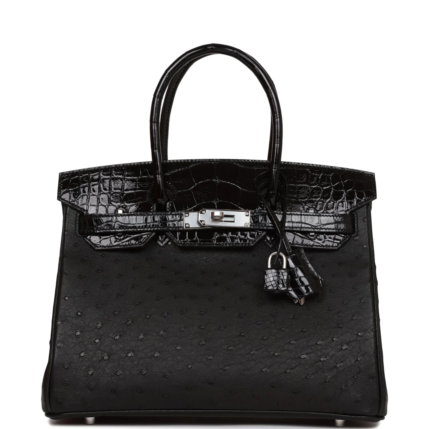 Hermès Birkin 30 Black Shiny Alligator and Ostrich Touch Palladium Hardware