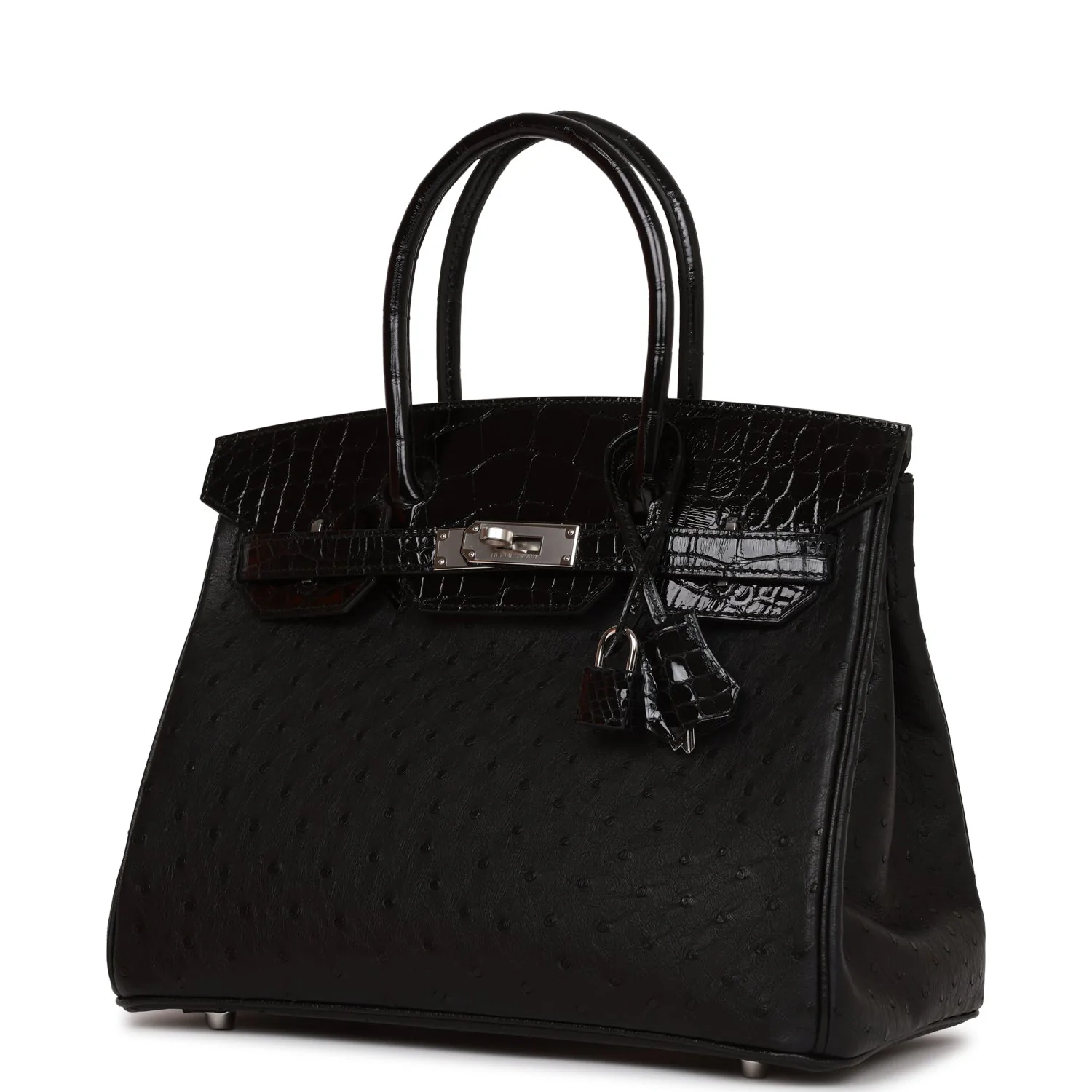 Hermès Birkin 30 Black Shiny Alligator and Ostrich Touch Palladium Hardware